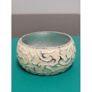 Vintage Ivory Enamel SilverTone Swirled Patterned  Wide Clamper Bangle Bracelet